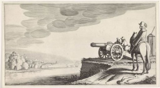 Horseman and Two Soldiers by a Cannon on a Riverbank