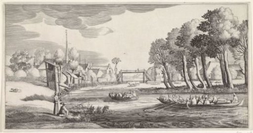 Two Rowing Boats on a River by a Village