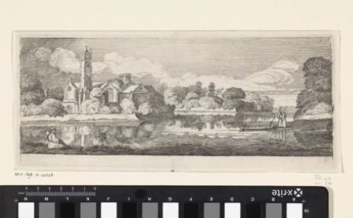 Clerics at an abbey in a river landscape