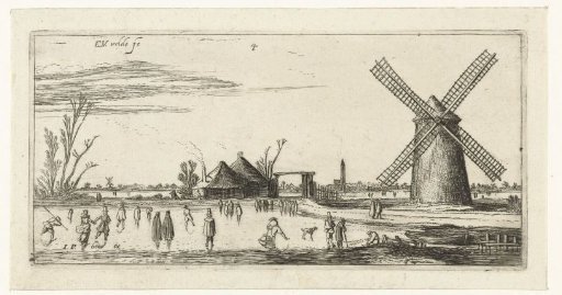 Skaters on the ice near a mill at Penningsveer