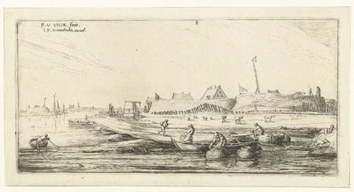 Rowing boats with fishermen in front of a fort on the Scheldt