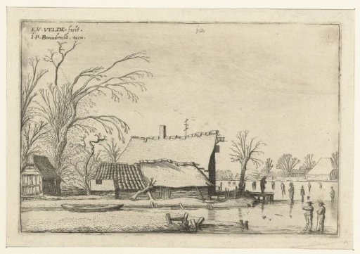 Farmhouse near a frozen river with skaters