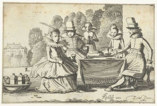 Company dining at a table in a garden