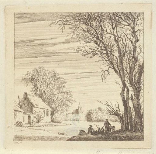 Winter landscape with figures on the bank