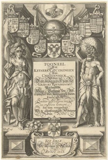Hercules and Minerva standing on either side of cartouche with title, surmounted by coats of arms, globe and trumpets