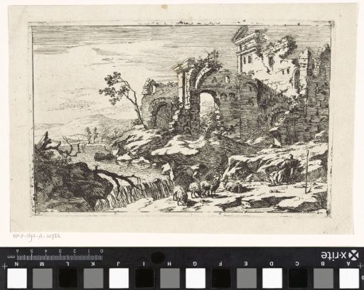 Landscape with ruin and waterfall