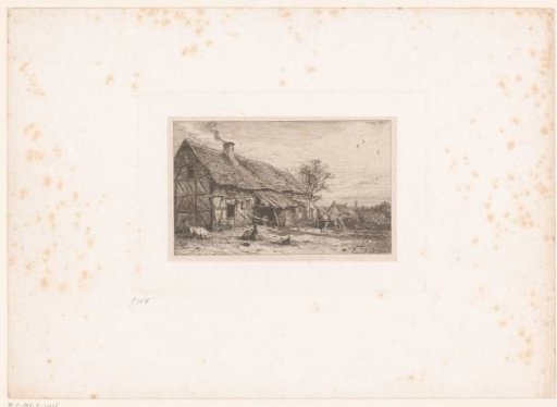 View of a Farmhouse with Two Children and a Pig