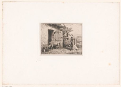 Woman driving pigs into the stable
