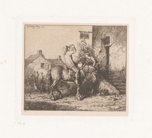 Drinking rider on horseback in front of an inn