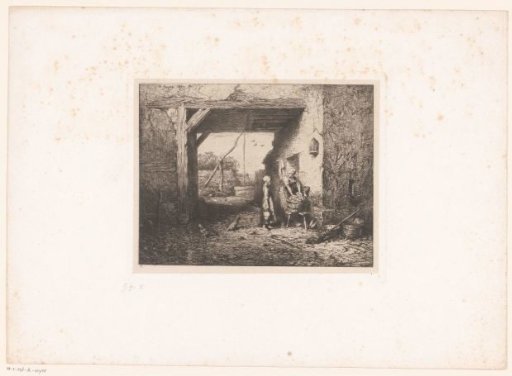 Farmyard with a washing woman and a girl with a milk can