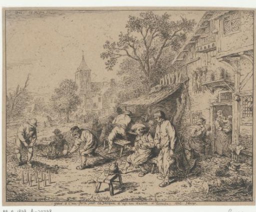 Drinking and skittling figures in front of an inn