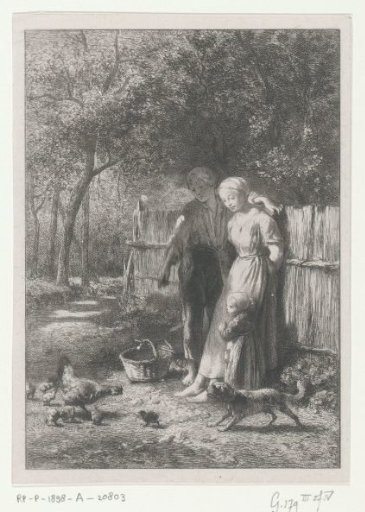 Farming family feeding chickens on a farmyard