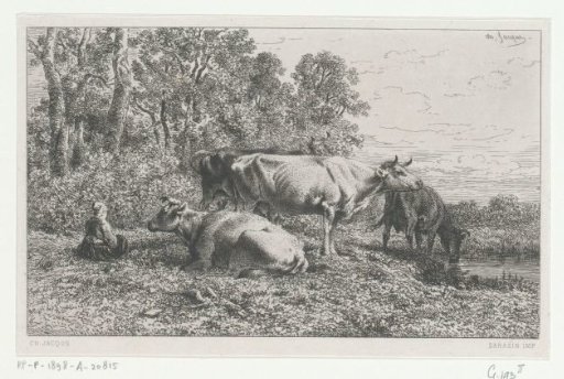 Landscape with a resting farmer's wife next to four cows