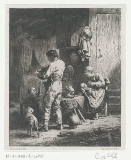 Farm interior with a family at table