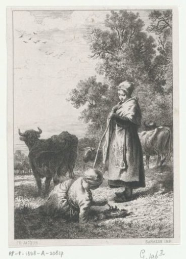Two shepherdesses with a herd of cows