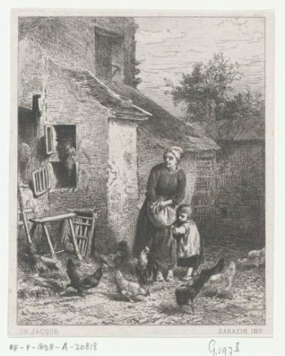 Woman with child feeding chickens on a farmyard