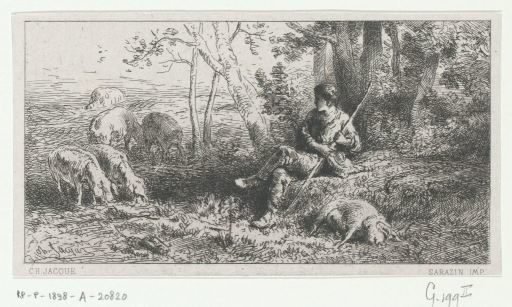 Swineherd with a drove of pigs under a tree