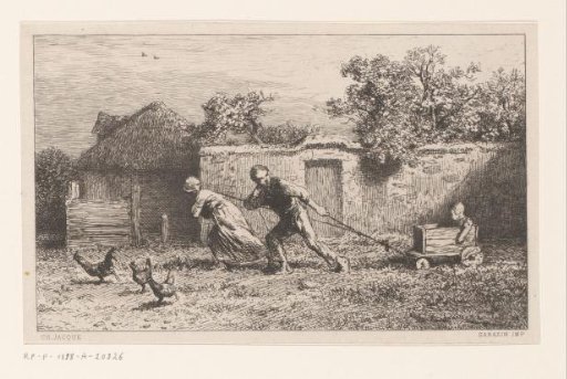 Parents pulling their child in a cart on the farmyard