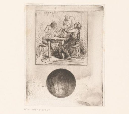 Three figures at a table with a portrait of a woman at the bottom