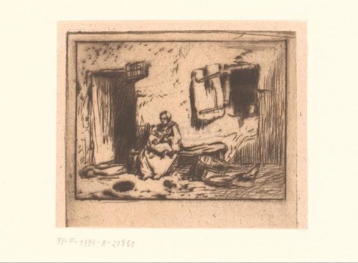 Woman with child on a bench against a house front