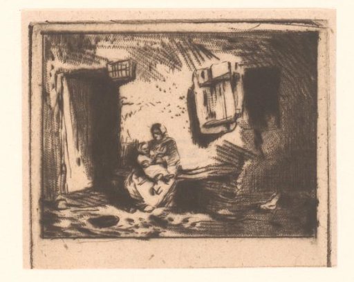 Woman with child on a bench against a house front
