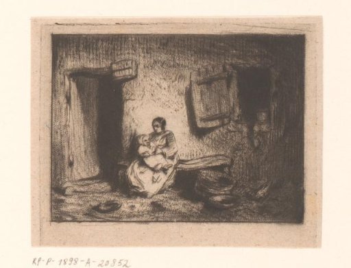 Woman with child on a bench against a house front