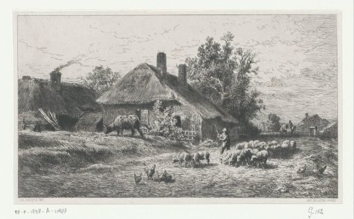 Shepherd with a herd on a road alongside a farm