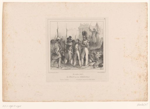 Corporal Valentin protecting an old veteran during the July Revolution