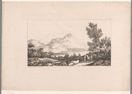 Mountain landscape with river and soldiers