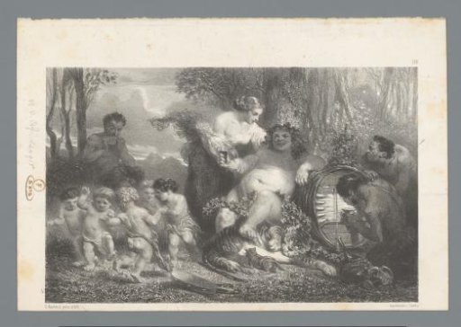 Bacchus and forest spirits drinking wine with dancing putti and Pan in the background