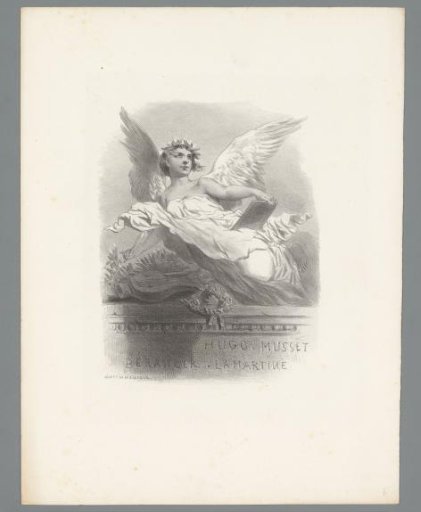 Angel hovering above a monument to Victor Hugo, Alfred de Musset, Pierre-Jean de Béranger and Alphonse de Lamartine