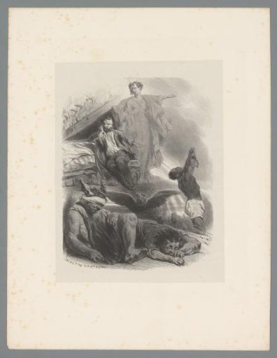 Seated man points to a chained man