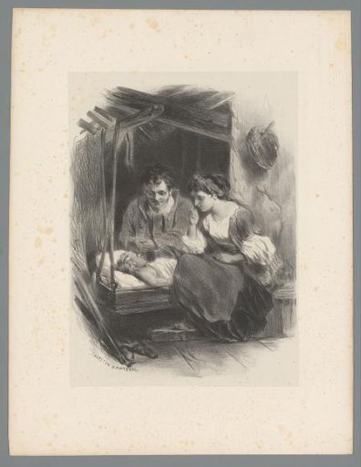 Man and woman seated by child in bed