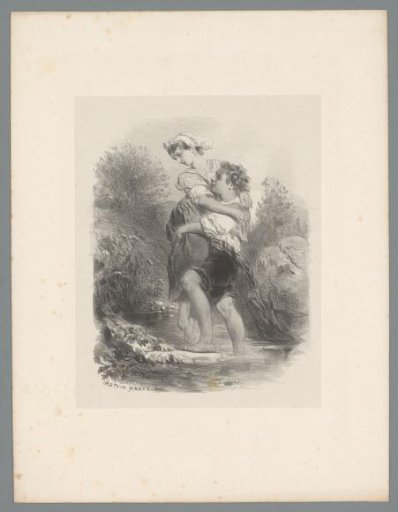 Young man carrying a young woman across the water