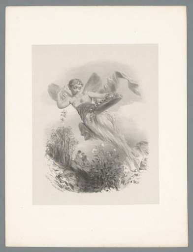 Elf or fairy scattering flowers, with a loving couple in the background