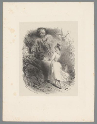Young woman in the forest looking at a man with a gun