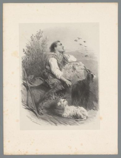 Seated shepherd next to two goats