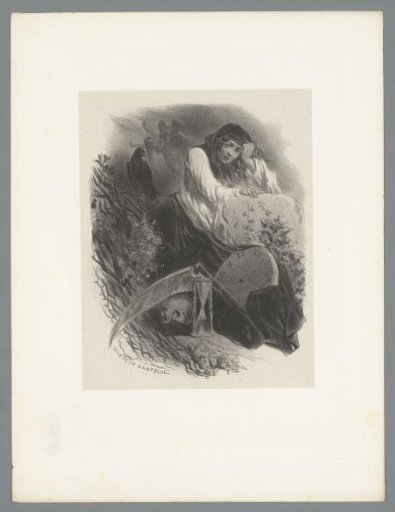 Mourning woman with attributes of death before her