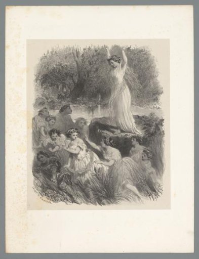 Woman in white robe on a rock surrounded by several women