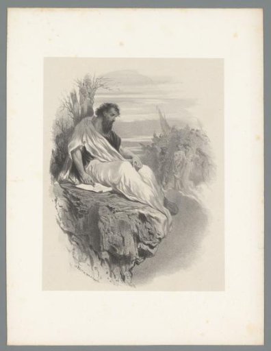 Seated man writing on a rock, with a group of people in the background