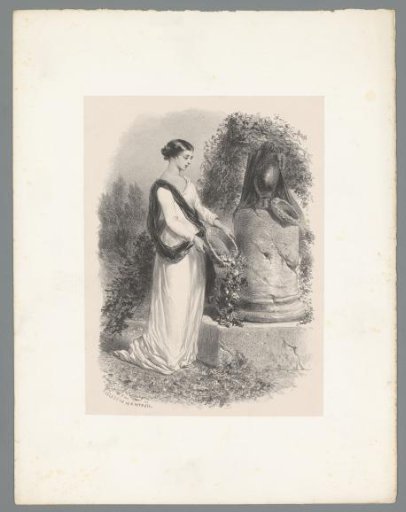 Woman scattering flowers by a pillar