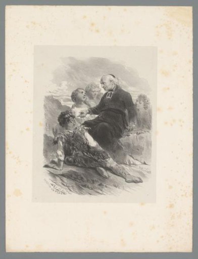 Cleric seated on a rock surrounded by children