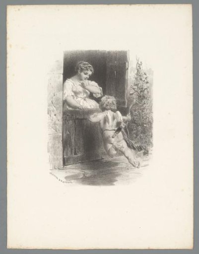 Cupid with a woman behind a peasant door