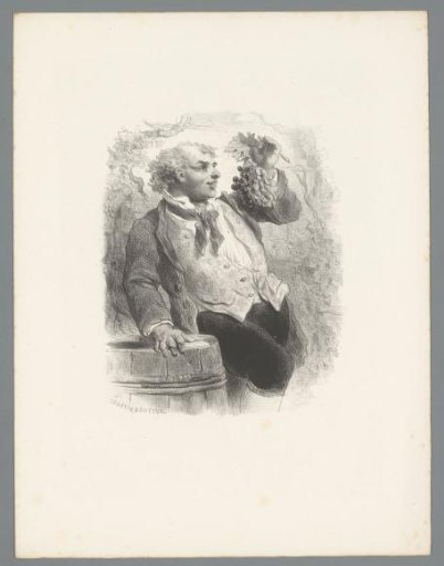 Man leaning on a wine vat with a bunch of grapes in his hand