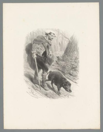 Man with a pig walking through the forest