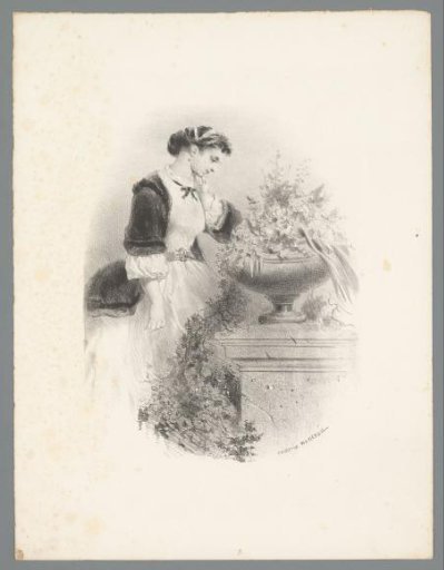 Woman beside a pot with flowers