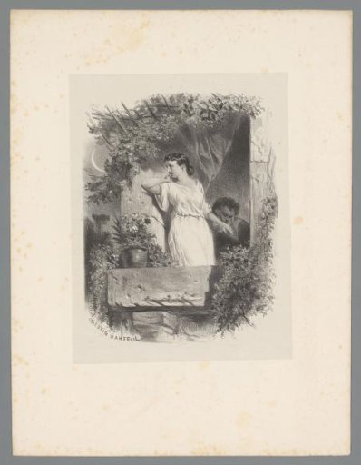 Woman standing in a window frame while a man kisses her hand