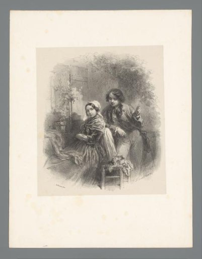 Seated young woman and standing young man outside by a window