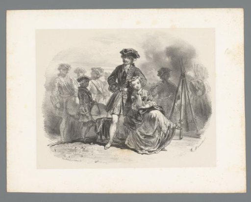 Seated young woman and standing man with drummers and marksmen