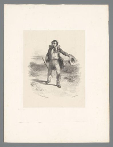 Traveler with backpack and hat in hand in a flat landscape